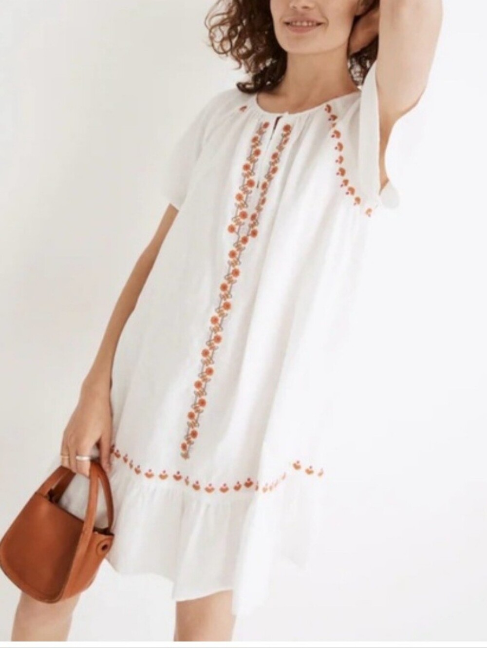 Madewell Embroidered Linen-Blend Raglan Ruffle Mini Dress